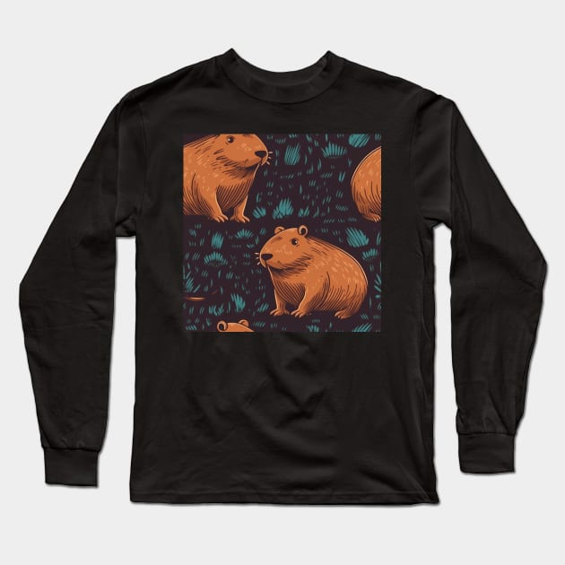 Capybara repeating pattern Long Sleeve T-Shirt by Cryptid